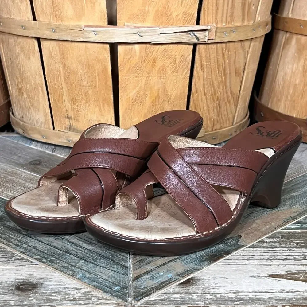 Sofft Brown Leather Toe Loop Thong Wedge Heeled Sandals Womens Size 8